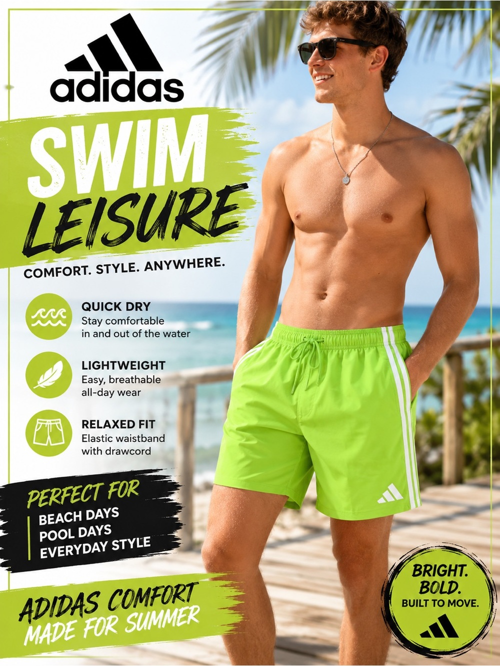 adidas Men’s Neon Lime Swim Trunks with White Stripes
